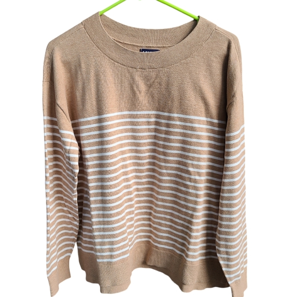 Land's End Striped tan white sweater size Large euc NEUTRAL